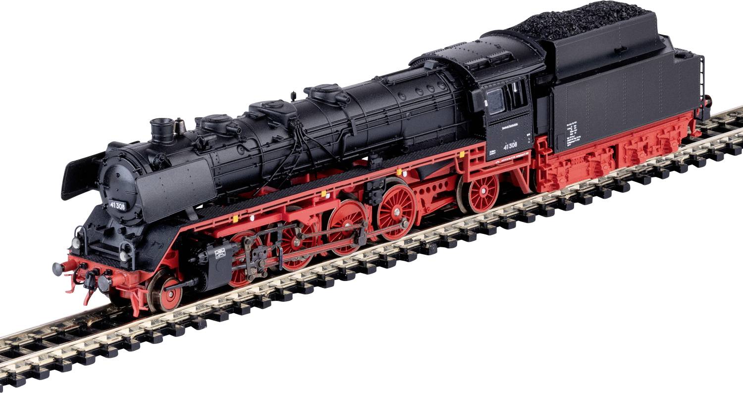 Een modelstoommachine met een zwarte ketel en rode wielen staat op een spoor. De trein heeft gedetailleerde onderdelen en een tender-wagen.