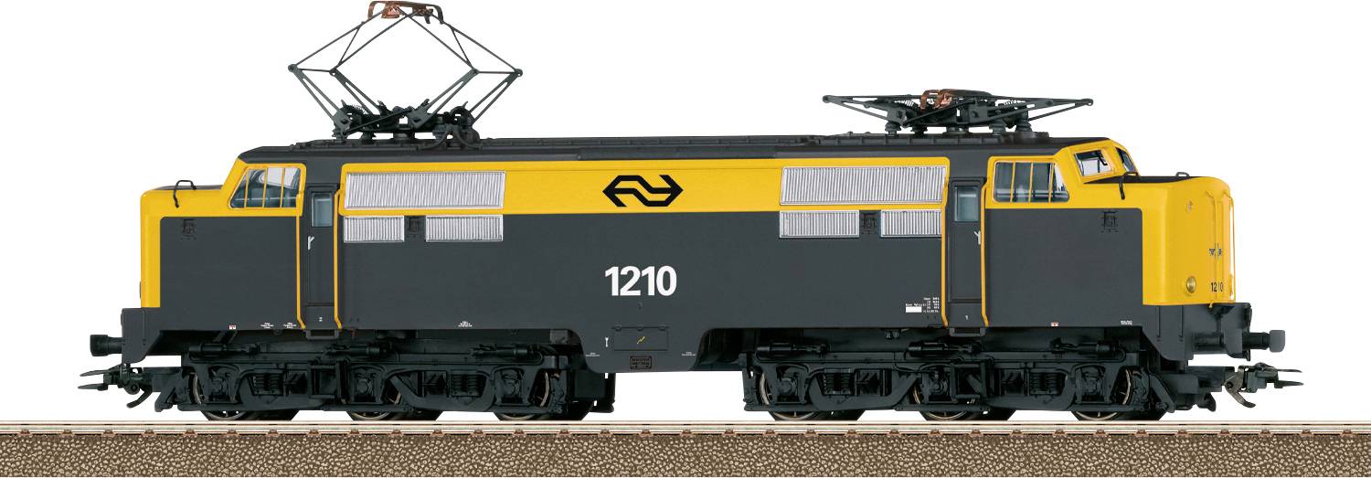 Een geel en zwart elektrische locomotief met het nummer '1210' op de zijkant, staande op een spoor.