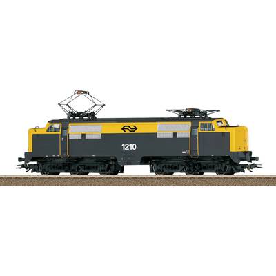 Een geel en zwart elektrische locomotief met het nummer '1210' op de zijkant, staande op een spoor.