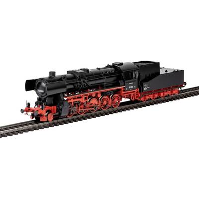 Een modelstoomlocomotief in zwart en rood op een spoor, met ingewikkelde mechanische details en klassieke designelementen.