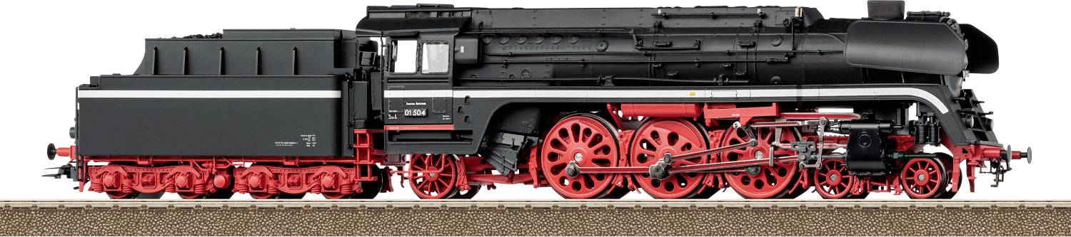 Een gedetailleerd model van een zwart en rood stoomlocomotiefje op sporen, met ingewikkelde wielen en mechanische onderdelen.