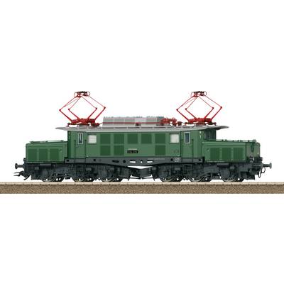 Een groen en zwart elektrisch locomotiefmodel met rode stroombakens op een spoor, dat het gedetailleerde ontwerp en de constructie laat zien.