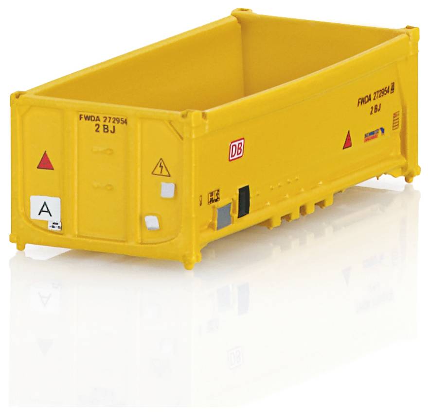 Een gele vrachtcontainer met 'DB' en waarschuwingssymbolen aan de zijkant, gebruikt voor het vervoer van goederen.