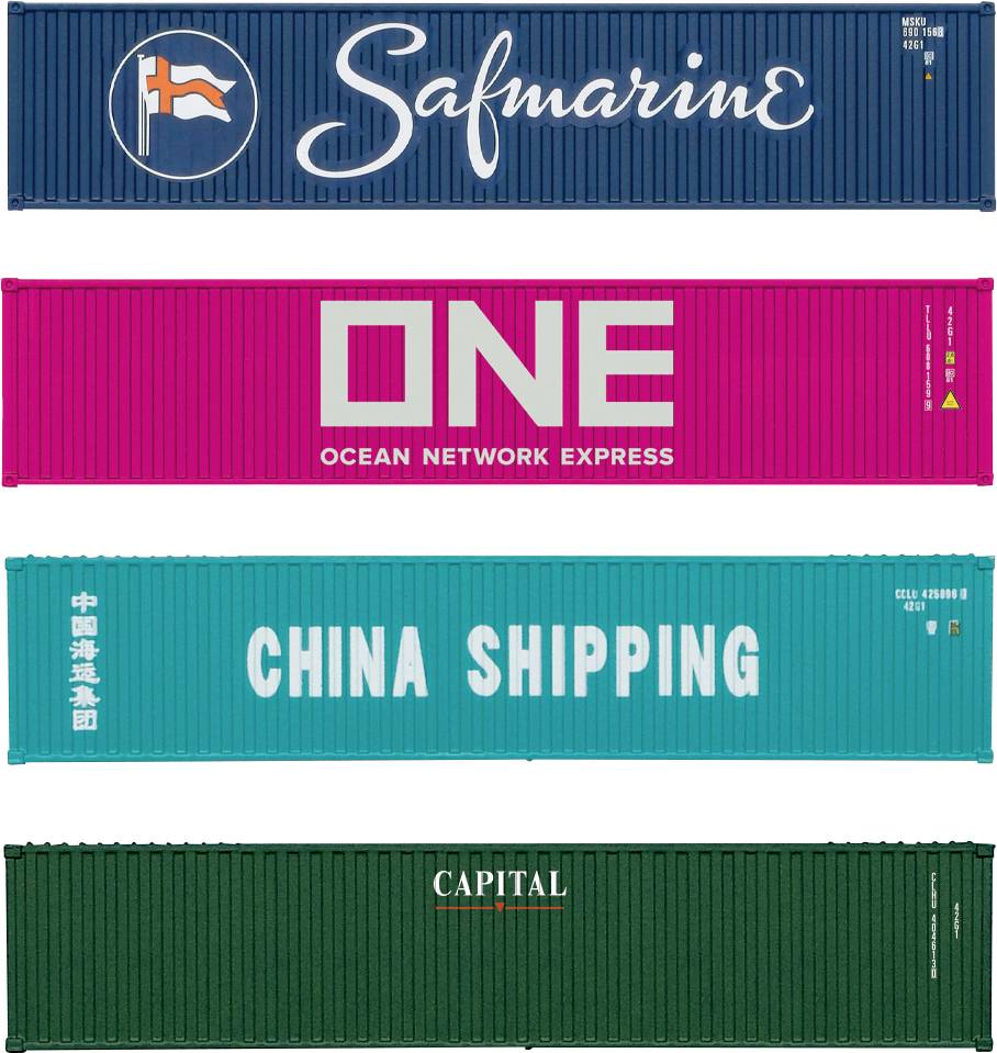 Een set van vier kleurrijke zeecontainers van verschillende bedrijven: Safmarine, ONE (Ocean Network Express), China Shipping en Capital.