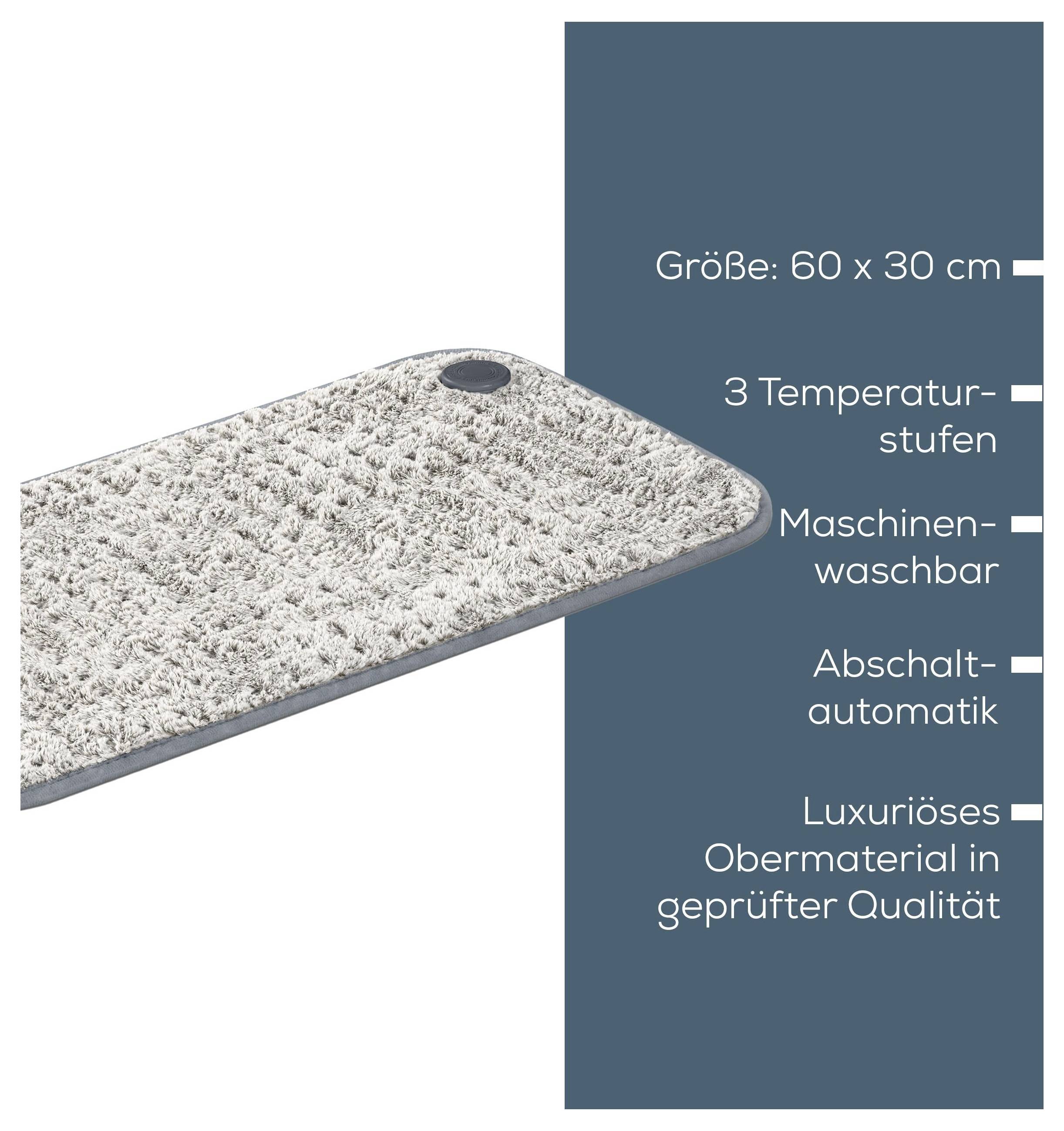 Een rechthoekig gestructureerd stofkussen van 60 x 30 cm met drie temperatuurinstellingen, machinewasbaar, automatische uitschakeling en luxe kwaliteit.