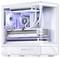 Een witte gaming-pc-behuizing met zichtbare componenten, gloeiende interne RGB-verlichting, een grote grafische kaart, koelsysteem en digitaal display.