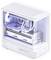 Een witte, moderne desktop computerbehuizing met zijraam met uitzicht op verlichte interne componenten, waaronder koelventilators en een grafische kaart.