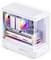 Een slanke, witte compacte computerbehuizing met RGB-verlichting en zichtbare componenten, waaronder koelingsventilators, RAM en een grafische kaart.