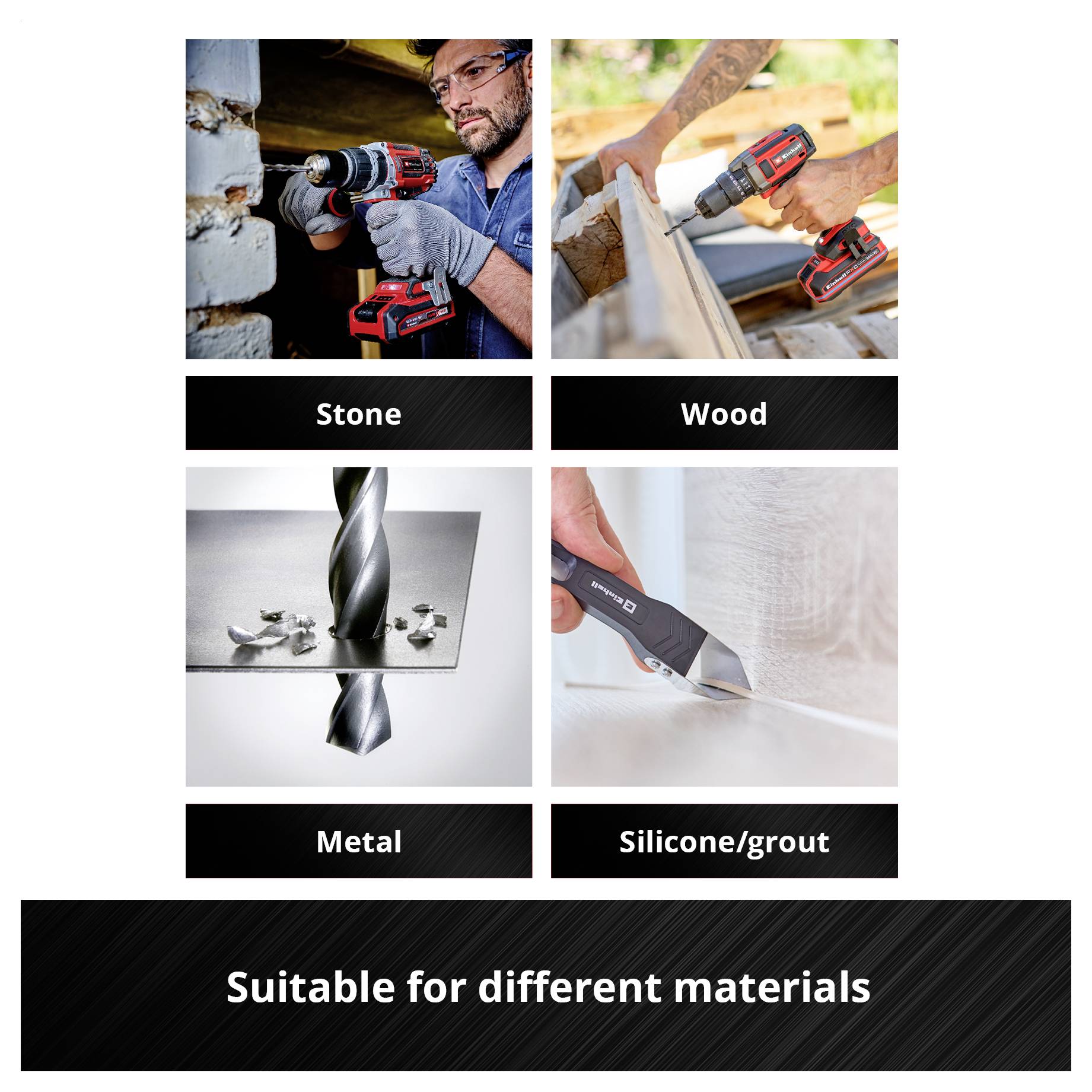 'Geschikt voor verschillende materialen: steen, hout, metaal, silicone/voegmiddel.' Vier afbeeldingen tonen respectieve gereedschappen in gebruik.
