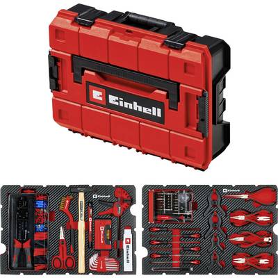 Een rode gereedschapsset met het logo 'Einhell' bevat verschillende gereedschappen die in passende sleuven zijn georganiseerd, waaronder sleutels, schroevendraaiers en tang.