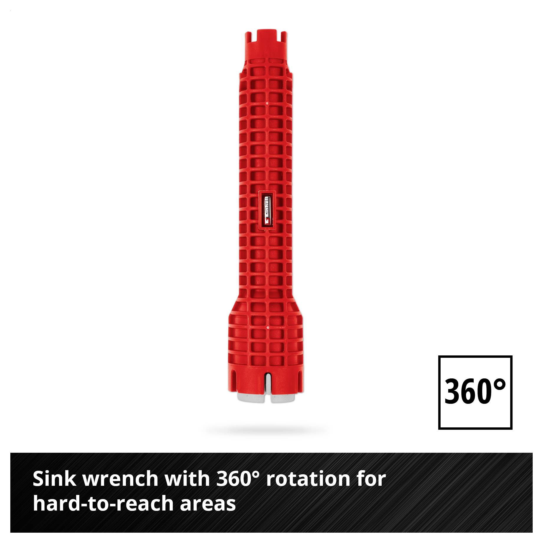 Hand die een waterpompentang vasthoudt, voor een radiatorventiel. Tekst hieronder: Waterpompentang met verstelbare bekewijdte voor veilige grip.