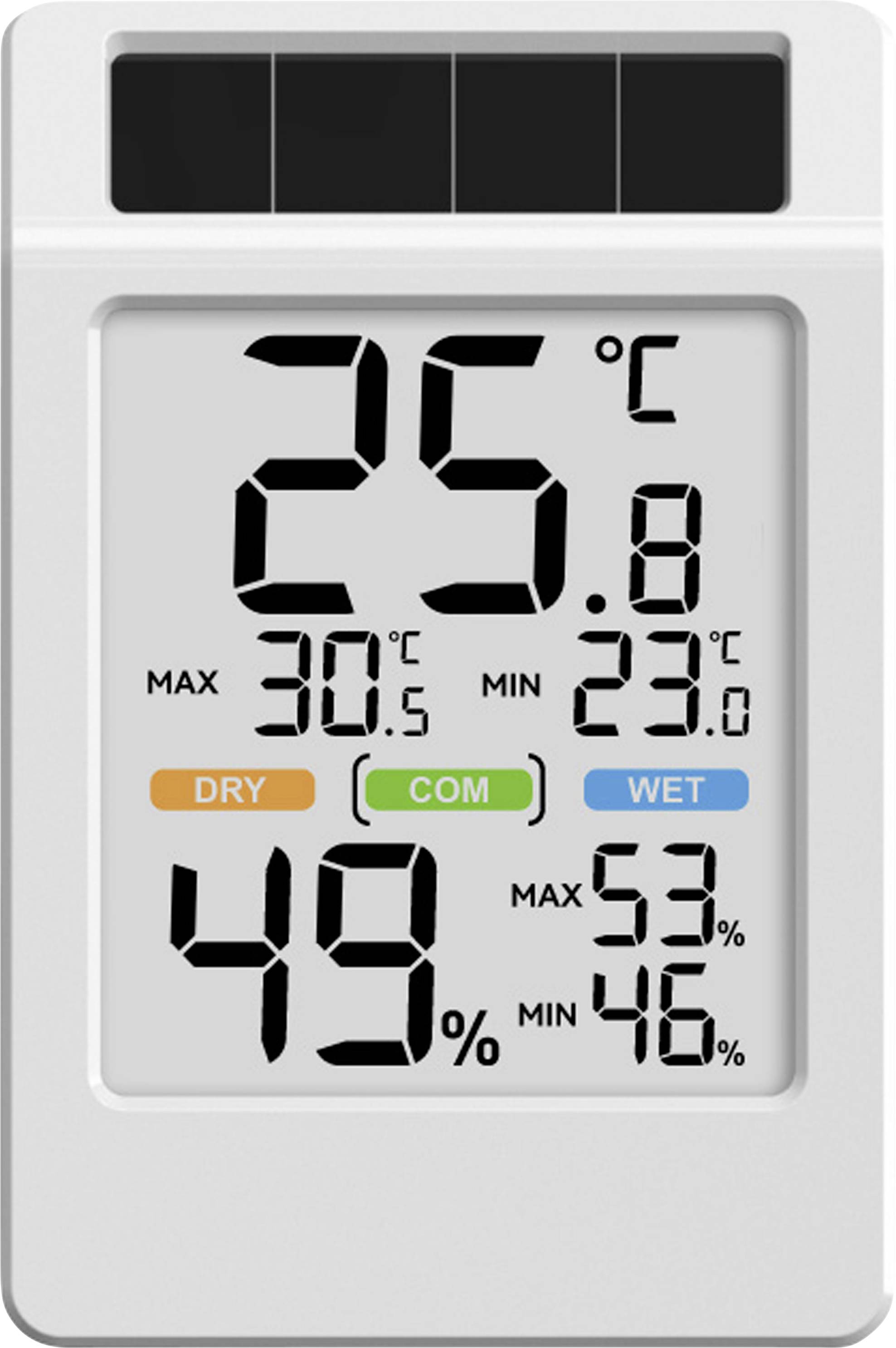 Digitale thermometer-hygrometer die 25,8°C en 49% luchtvochtigheid weergeeft, met maximale/minimale temperatuur- en luchtvochtigheidsaflezing plus droge, comfort- en natte indicatoren.