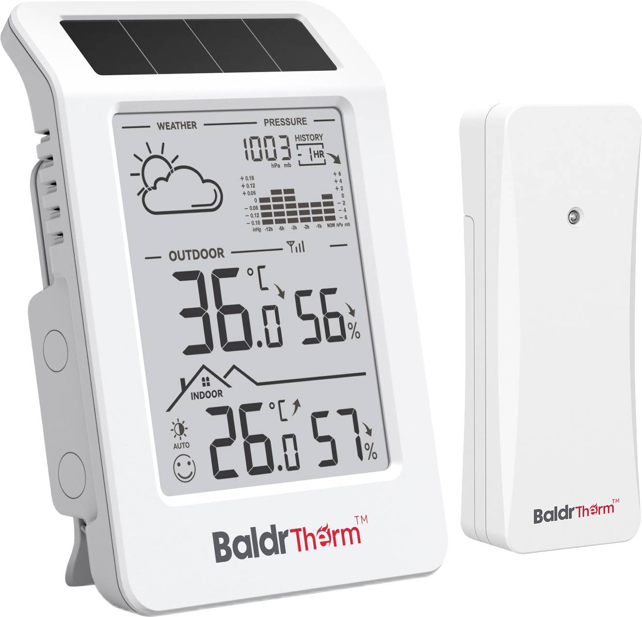 Digitaal weerstation display met zonnepaneel, met weericons, luchtdruk 1003 hPa, buiten 36,0°C en 56% luchtvochtigheid, binnen 26,0°C en 57% luchtvochtigheid; sensoreenheden ernaast.
