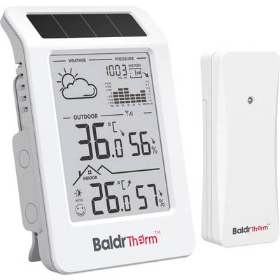 Digitaal weerstation display met zonnepaneel, met weericons, luchtdruk 1003 hPa, buiten 36,0°C en 56% luchtvochtigheid, binnen 26,0°C en 57% luchtvochtigheid; sensoreenheden ernaast.