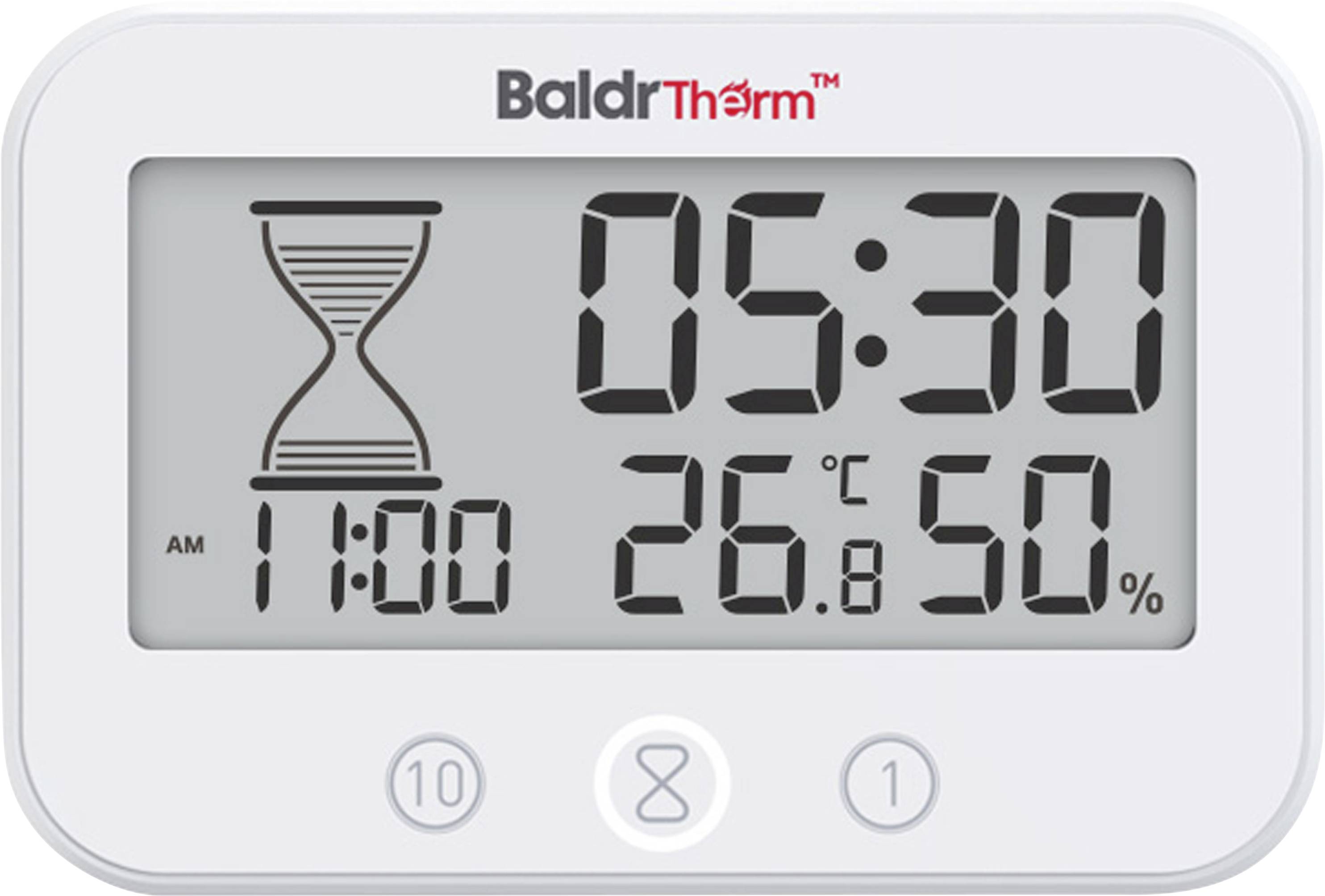 Digitale thermometer en hygrometer-display met 05:30, 26,8°C en 50% vochtigheid, met een timerpictogram en indicator voor 11:00 uur.