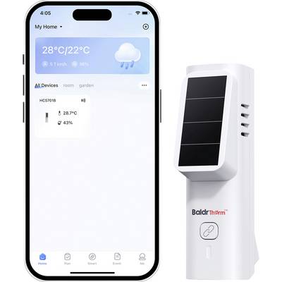Smart home app startscherm met weersgegevens en een verbonden HCS701B-apparaat met temperatuur 28,7°C en vochtigheid 43%.