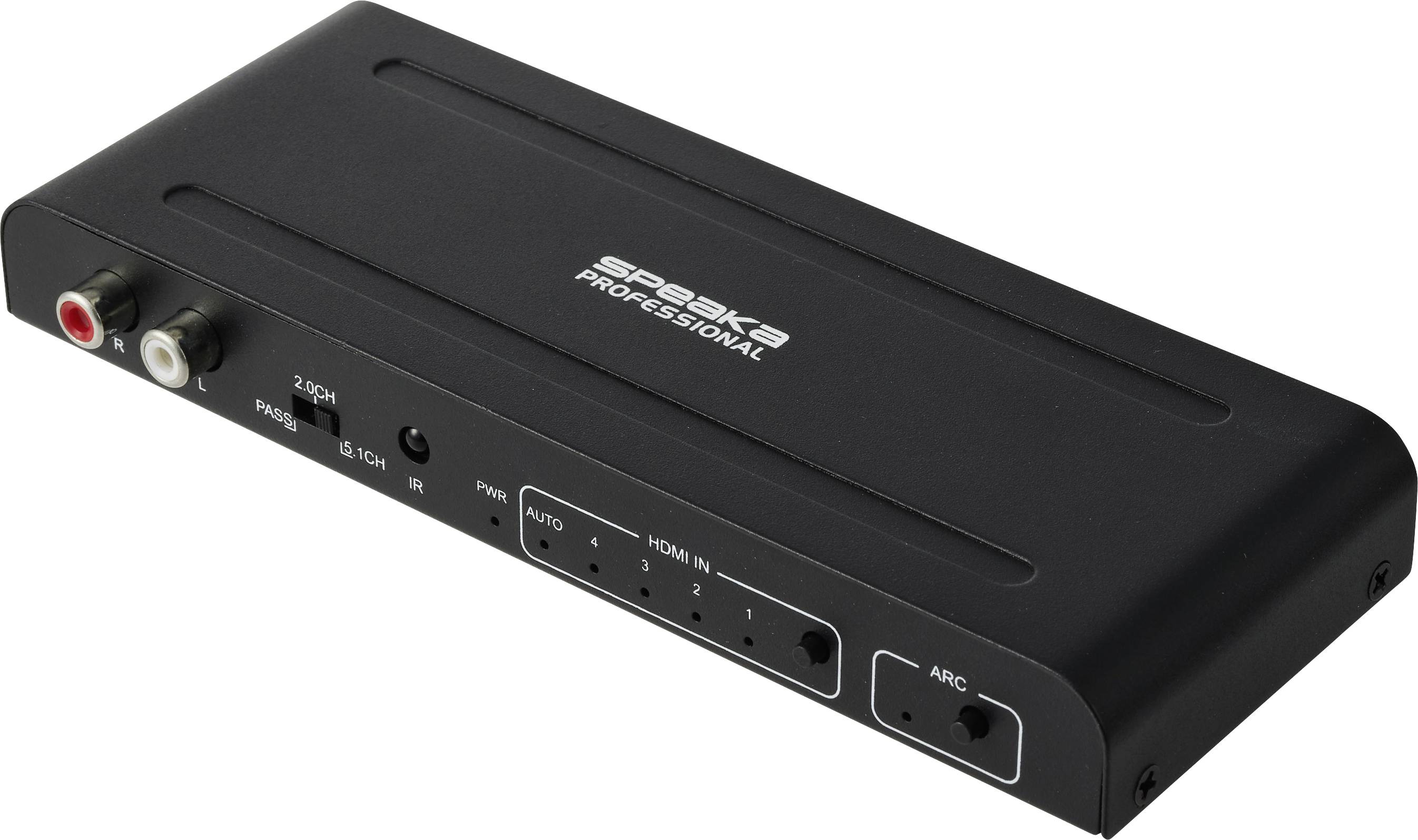 Black Speaka Professionele audio-schakelaar met RCA-audio-ingangen en gelabelde HDMI-bedieningselementen op het frontpaneel.