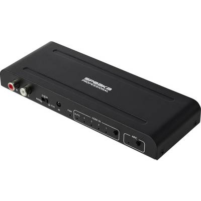 Black Speaka Professionele audio-schakelaar met RCA-audio-ingangen en gelabelde HDMI-bedieningselementen op het frontpaneel.