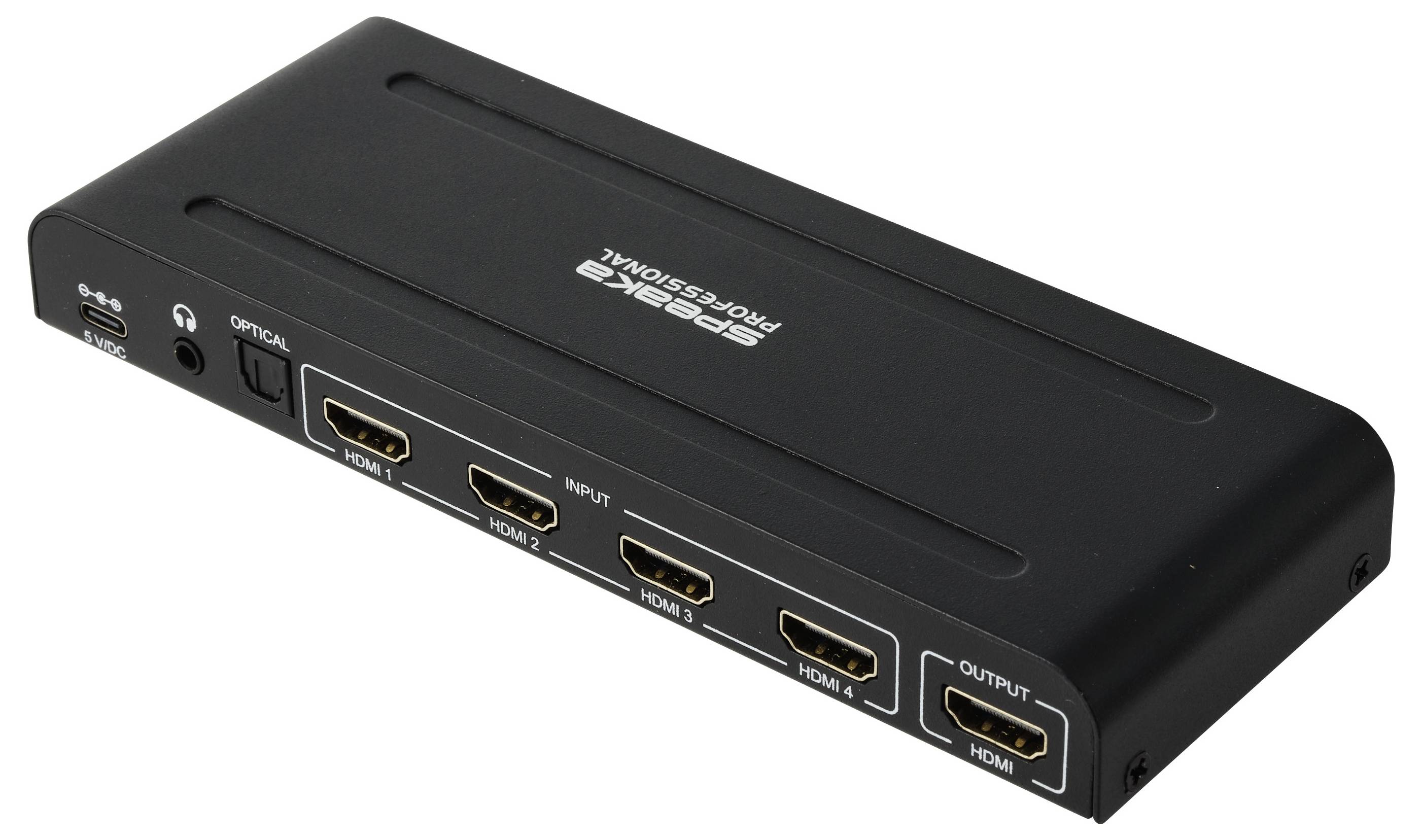 Zwarte HDMI schakelaar/splitter box met meerdere HDMI ingangpoorten, optische audio en één HDMI uitgang.