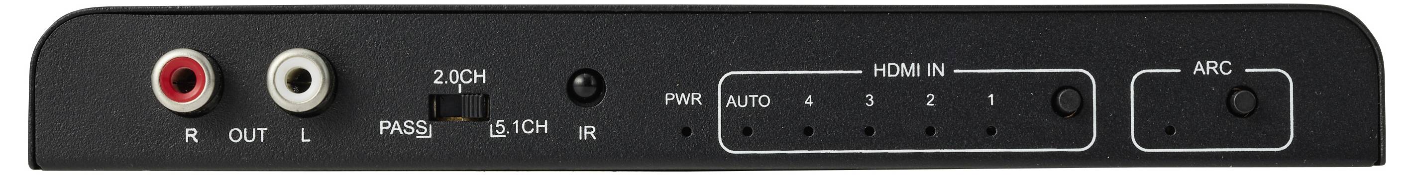Close-up van een zwart audiorec eiverachter paneel met rode en witte RCA-uitgangen, HDMI-invoer poorten, IR- en voedingsetiketten, en een ARC-knop.