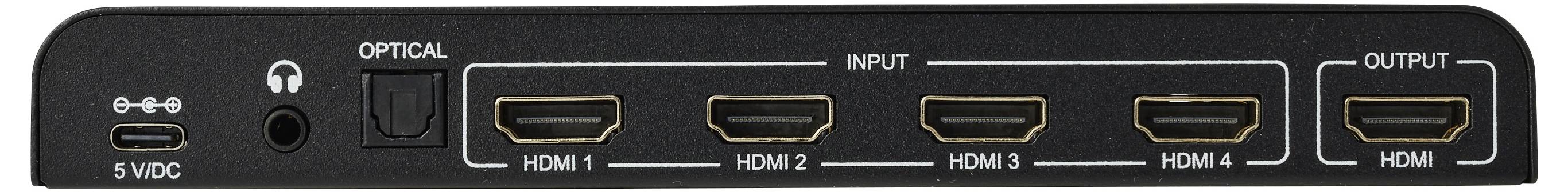 Achterkant van een apparaat met aansluitingen: USB-C, koptelefoon, optische audio, vier HDMI-ingangen en één HDMI-uitgang.