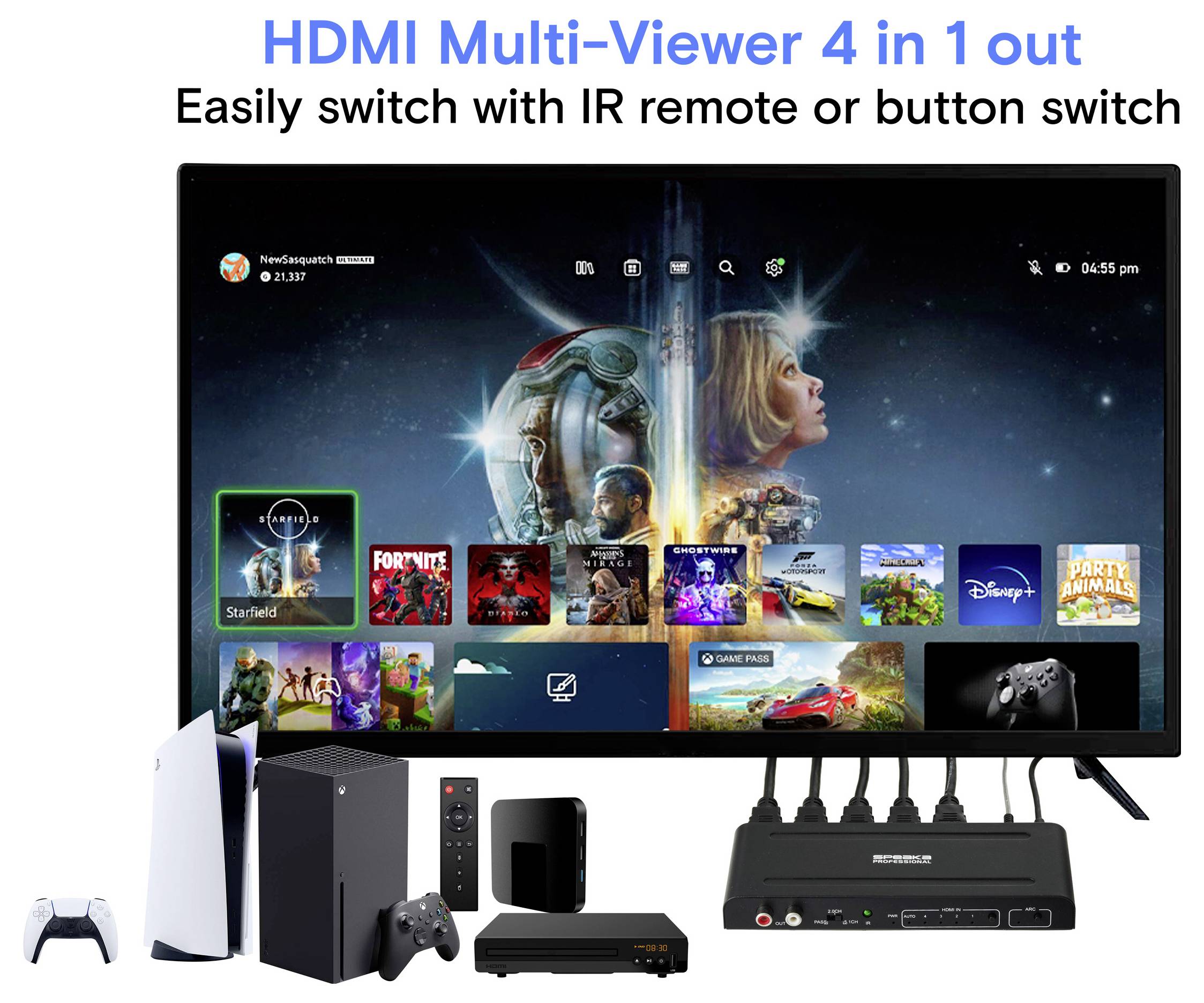 HDMI-multiviewer 4-in-1-uitvoerapparaat weergegeven met TV die meerdere bronnen toont en tekst 'Gemakkelijk schakelen met IR-afstandsbediening of knopschakelaar'.