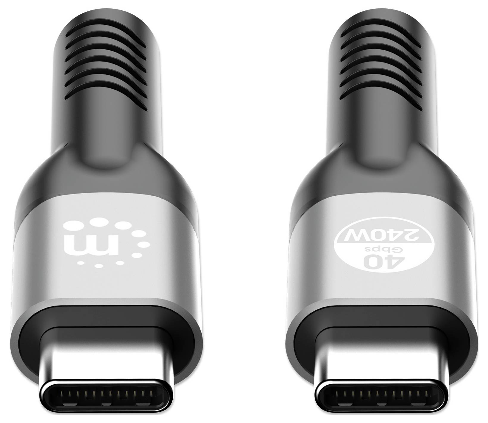 'Twee USB-C kabelconnectoren, één met een logo en de ander gelabeld 40Gbps 240W, die hoge snelheid en stroomcapaciteiten laten zien.'