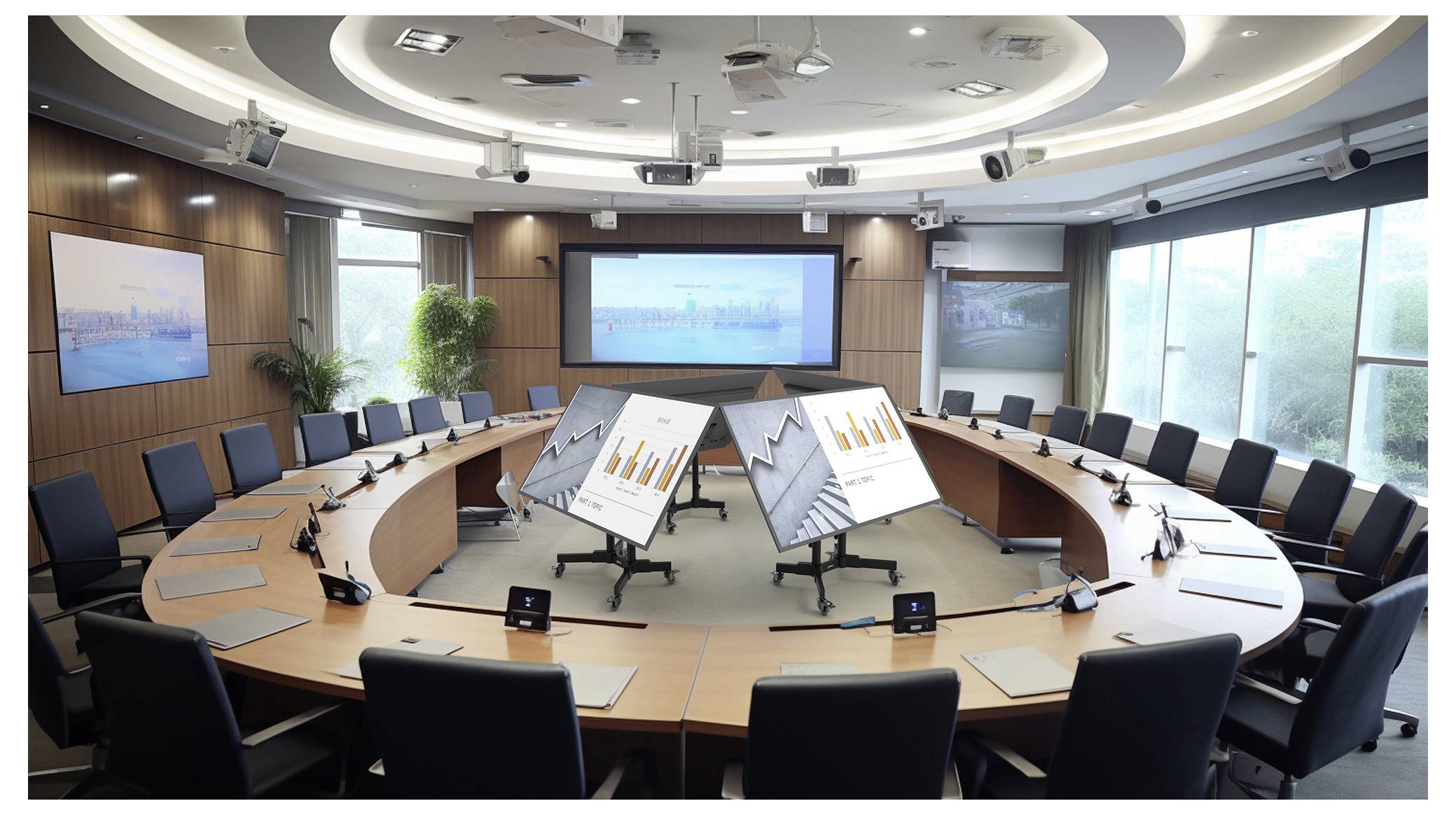 Een moderne conferentieruimte met een grote ovale tafel en stoelen, uitgerust met twee schermen die staaf- en lijngrafieken weergeven. De ruimte is goed verlicht.