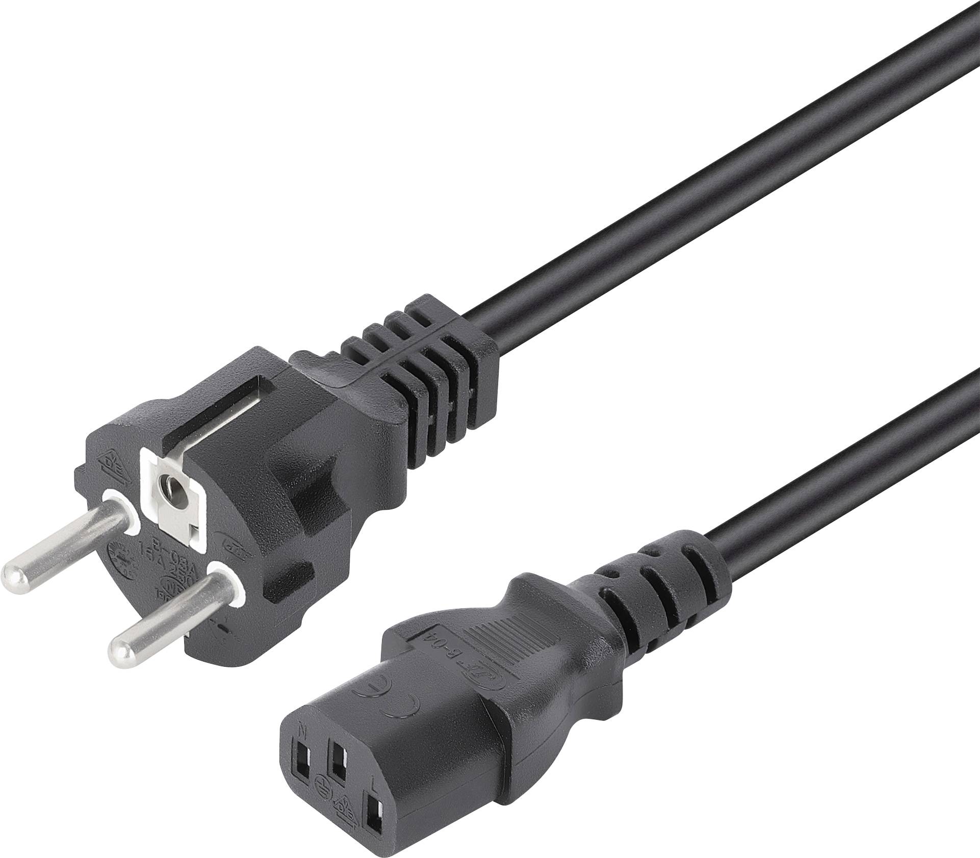 'Een zwarte tweepolige stroomkabel met C13-connector, vaak gebruikt voor het verbinden van elektronische apparaten met een stopcontact.'