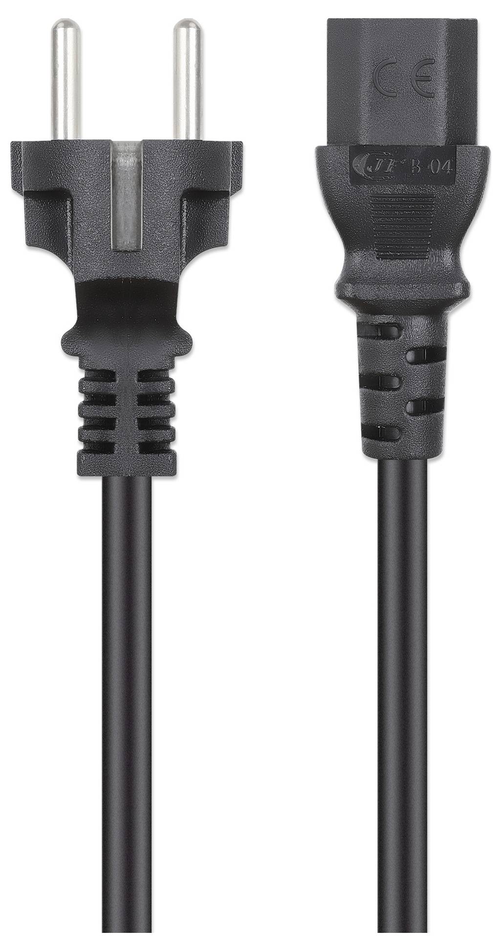 'Twee zwarte stroomkabels naast elkaar; de ene heeft Europese stekkerpennen, en de ander heeft een C13-connector die typisch is voor computervoedingen.'