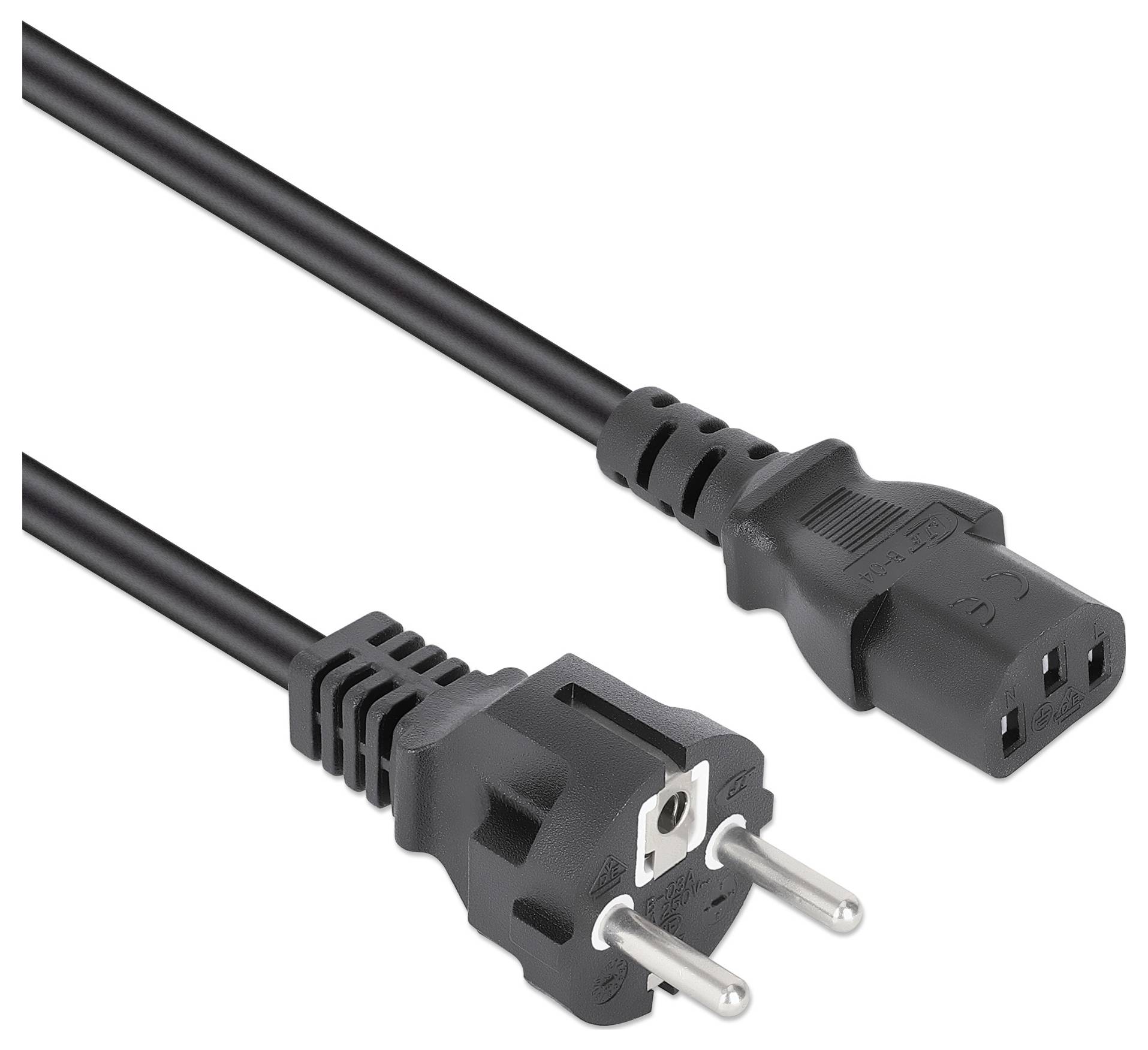 'Een zwarte elektrische stroomkabel met aan het ene einde een twee-pins Europese stekker en aan het andere einde een drie-pins rechthoekige connector.'