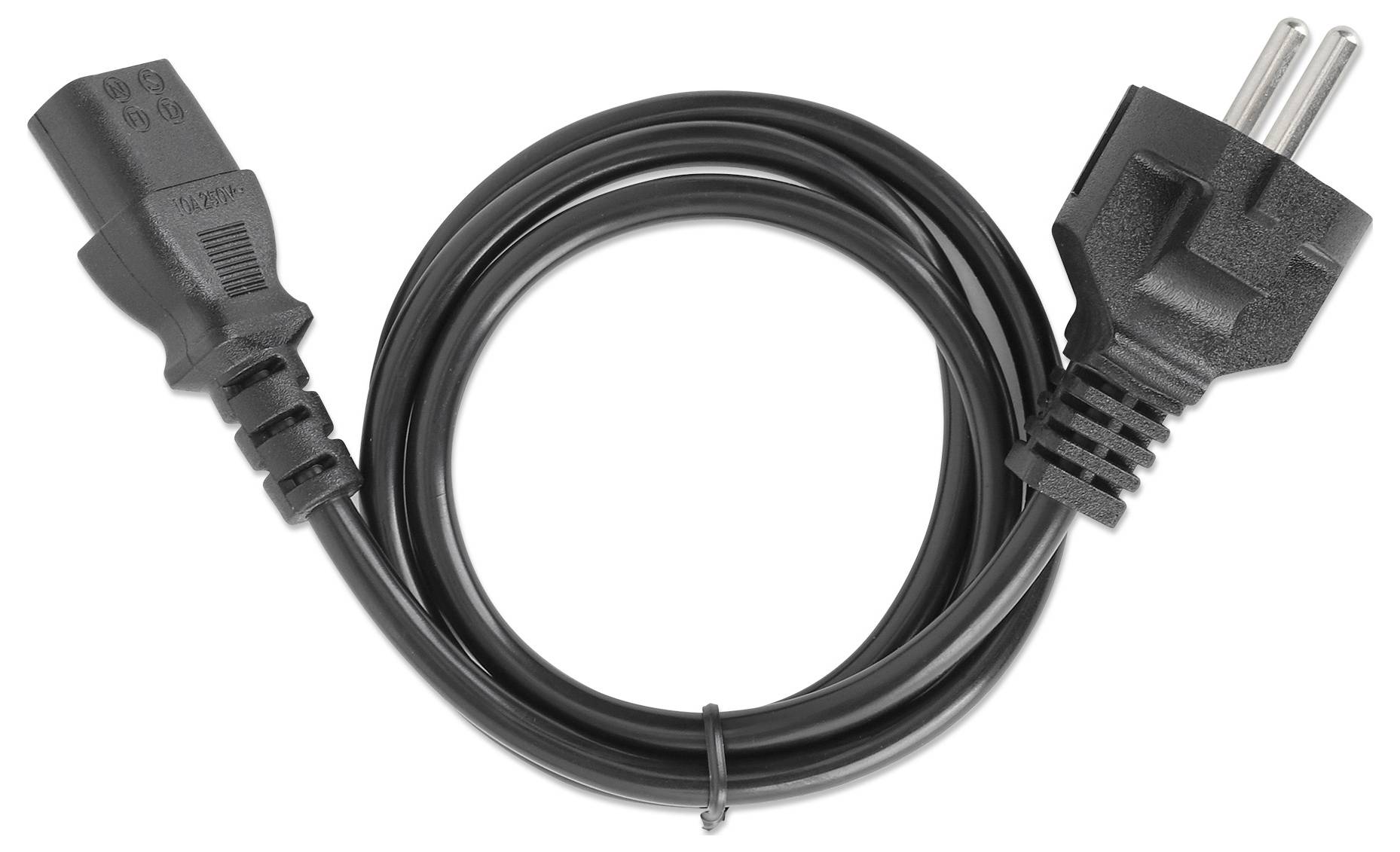 Een zwarte elektrische stroomkabel met een tweepolige stekker aan het ene uiteinde en een connector aan het andere uiteinde, netjes opgerold, op een witte achtergrond.