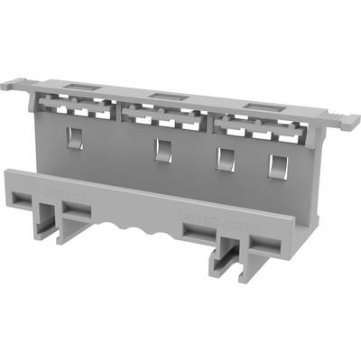 Grijze plastic elektrische aansluitklemmenblok met meerdere sleuven en bevestigingstabs, weergegeven in perspectief op een witte achtergrond.