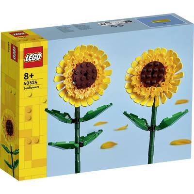 'LEGO Zonnebloemen set 40524 doos met twee zonnebloem modellen tegen een blauwe achtergrond, geschikt voor leeftijden 8 jaar en ouder.'