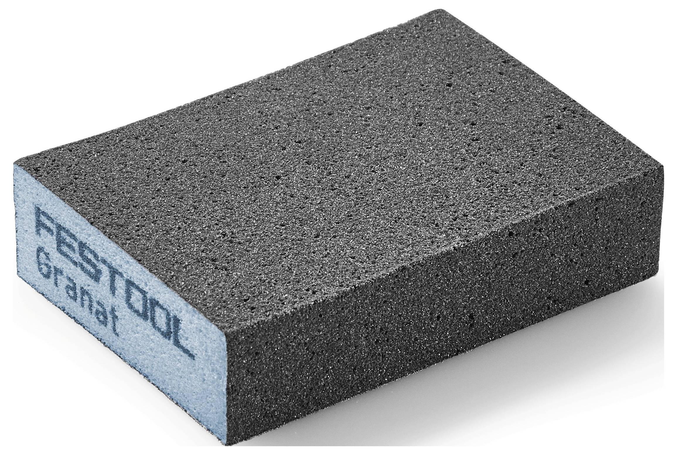 Een rechthoekig schuimkaatsblok met een blauwe kern en zwarte schuuroppervlakken. De zijkant vermeldt 'FESTOOL Granat'.