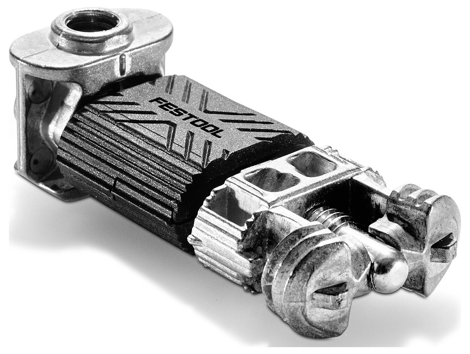 Close-up van een metalen Festool Domino-connector, die zijn robuuste constructie en ingewikkelde ontwerp toont, gebruikt voor het veilig verbinden van houtdelen.