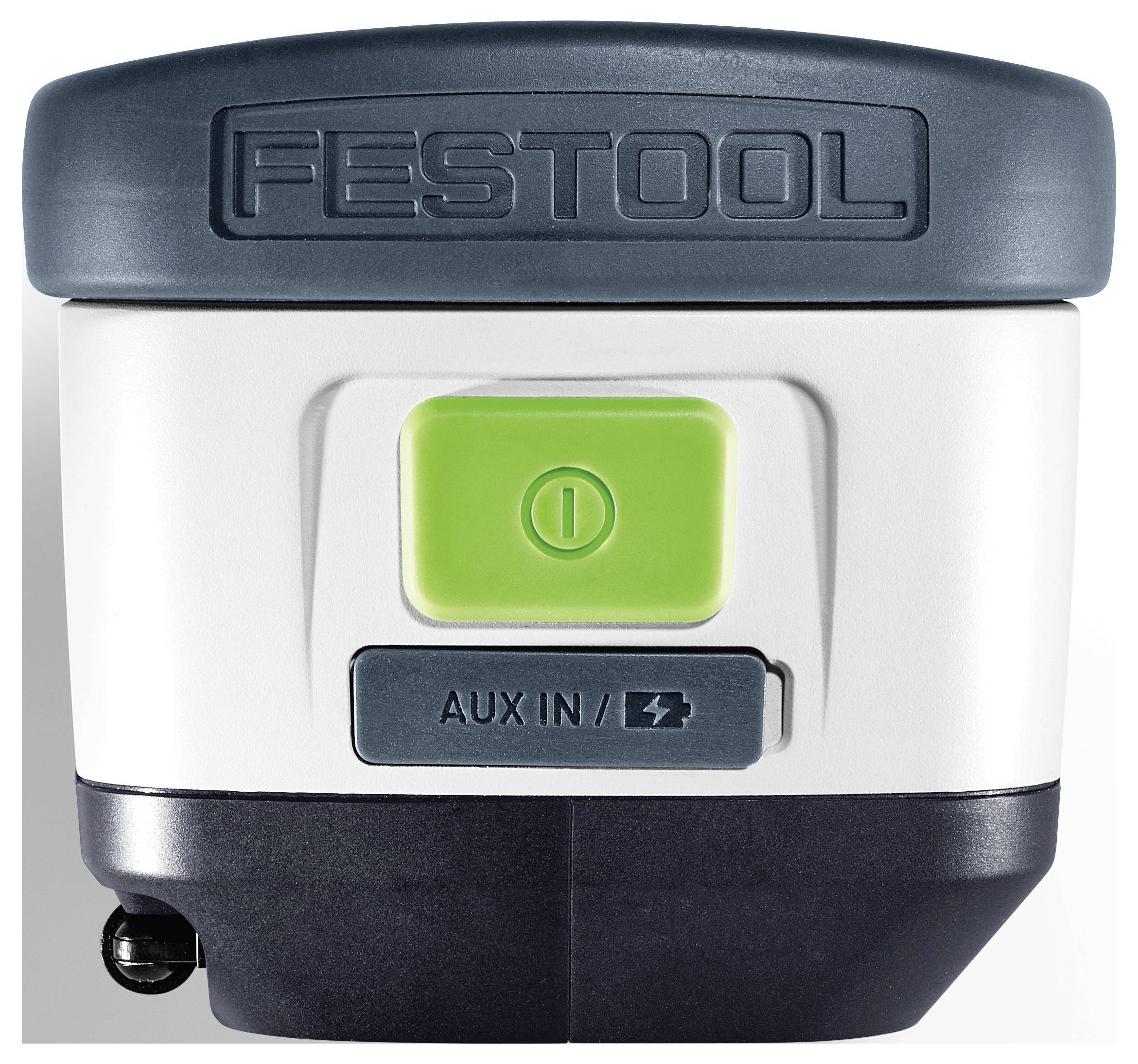 Een kleine, draagbare Festool-speaker met een groene aan/uit-knop en 'AUX IN'-aansluiting, ontworpen voor gemakkelijk audioweergave.