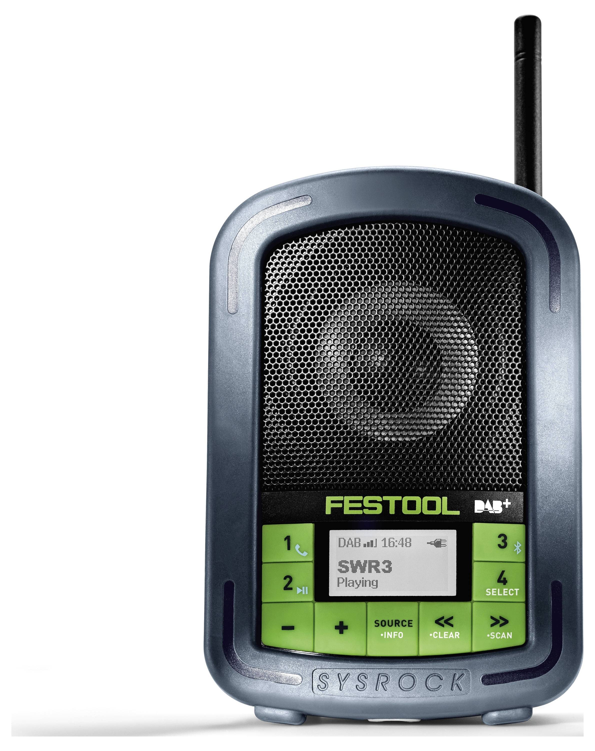 Een Festool SYSROCK DAB+ radio met een display waarop 'SWR3 Playing' wordt weergegeven en functionele knoppen onder het scherm.