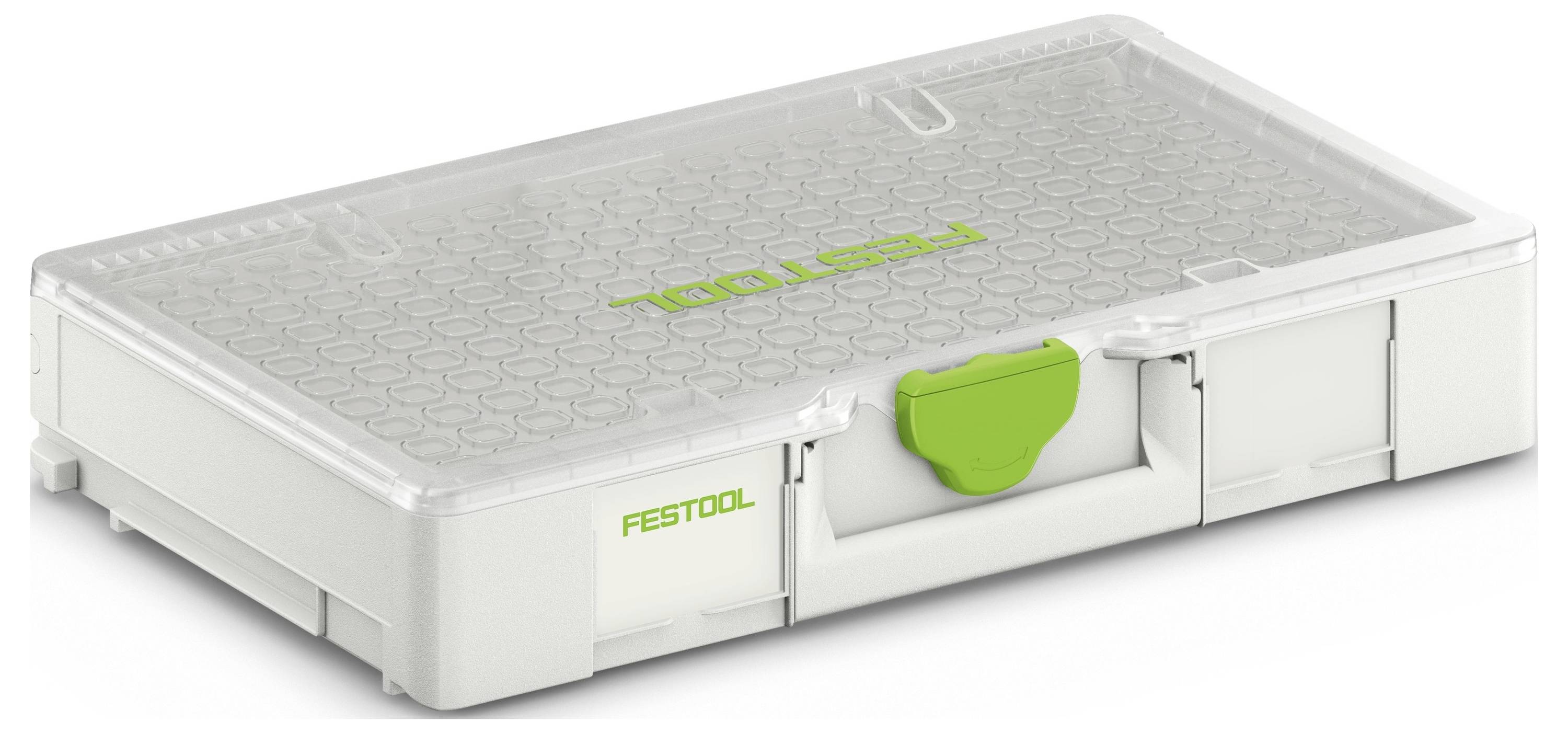 Een witte en groene Festool opbergkist met een transparante deksel, ontworpen voor het organiseren en beschermen van gereedschap.