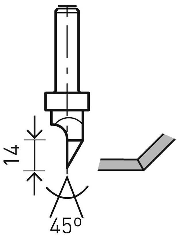 Diagram van een gereedschap met een punt onder een hoek van 45 graden, met een meting van 14 eenheden vanaf de basis. Een gebogen object is in de buurt geplaatst.