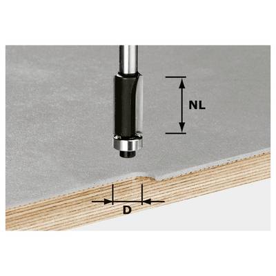 Een boor is boven een laag materiaal gepositioneerd, waarbij metingen met pijlen met het label 'NL' verticaal en 'D' horizontaal zijn weergegeven.