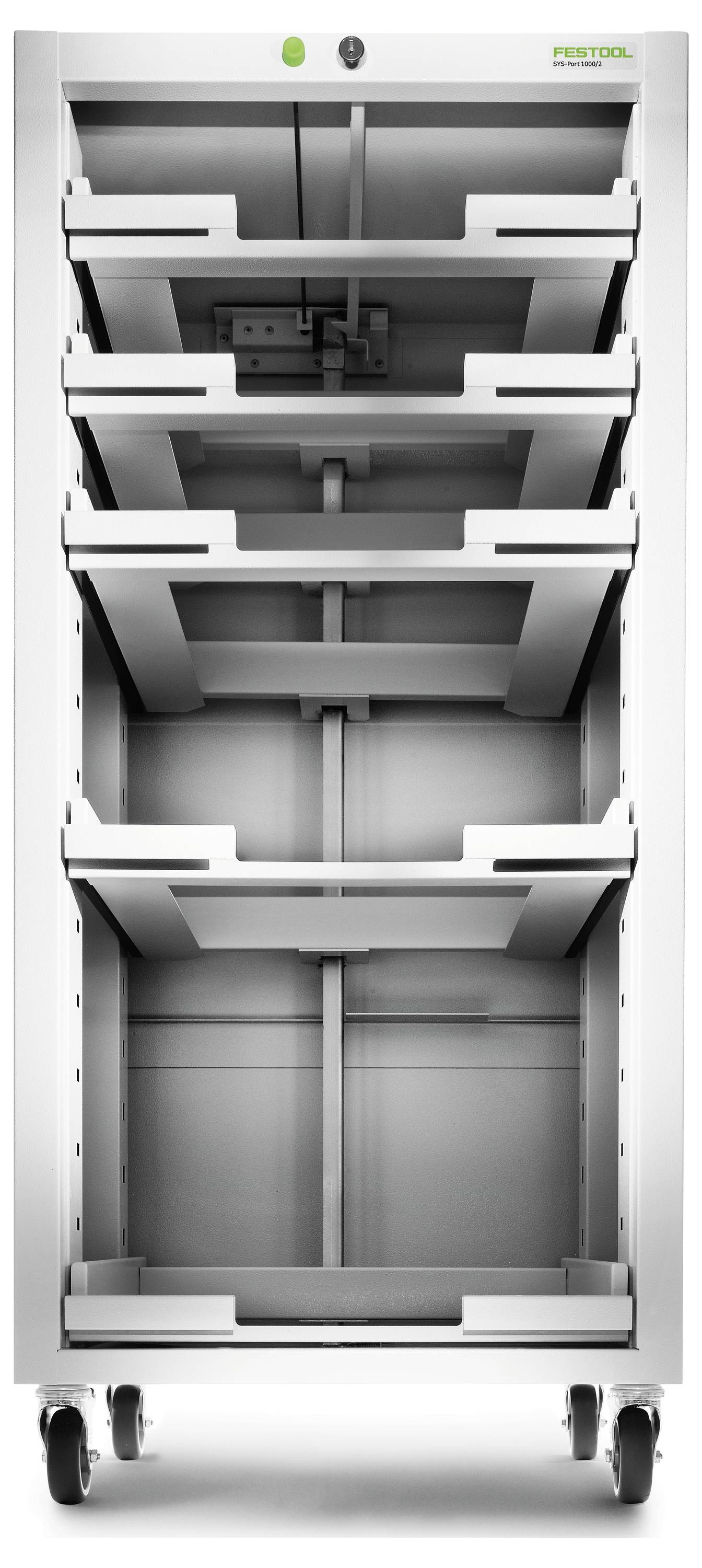 De afbeelding toont een hoog, wit, leeg rek met vier schappen op wielen, waarschijnlijk bestemd voor het plaatsen van opslagcontainers of gereedschap.