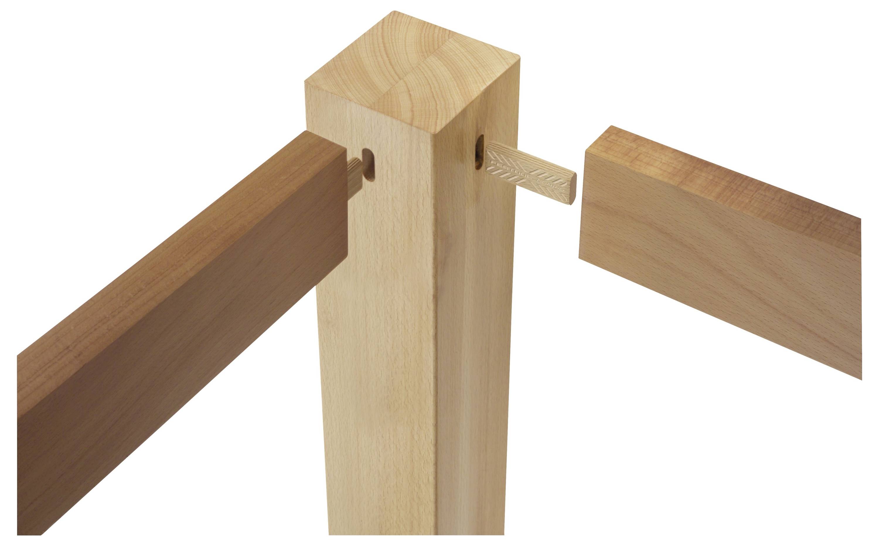 Een houten deuvel gedeeltelijk in een rechthoekige houten balk gestoken, wat een houtwerkingsvoegtechniek illustreert.