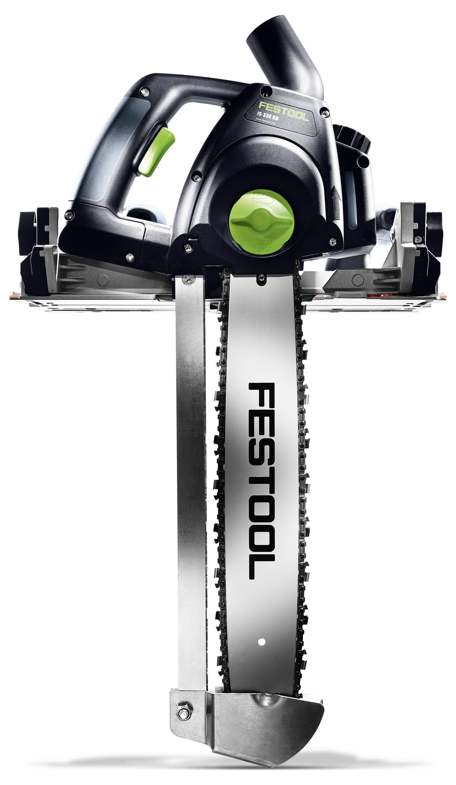 Een zwart en groen Festool elektrisch gereedschap met een lange, verticale metalen blade die lijkt op een kettingzaag, ontworpen voor nauwkeurige houtsnij-taken.