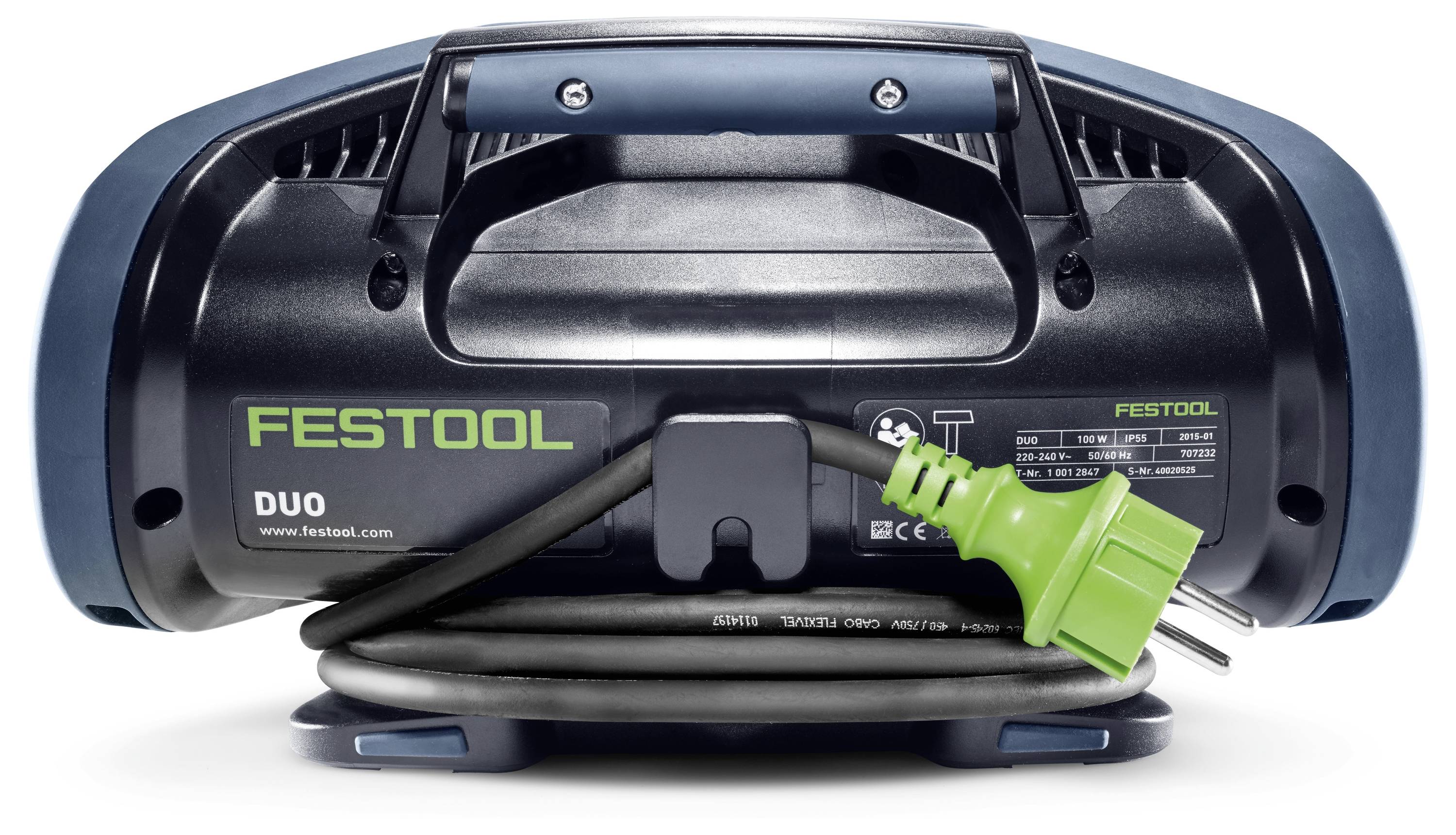 Een draagbare Festool-werklamp met een groen netsnoer dat rond de basis is opgewonden, geschikt voor verschillende verlichtingstoepassingen.