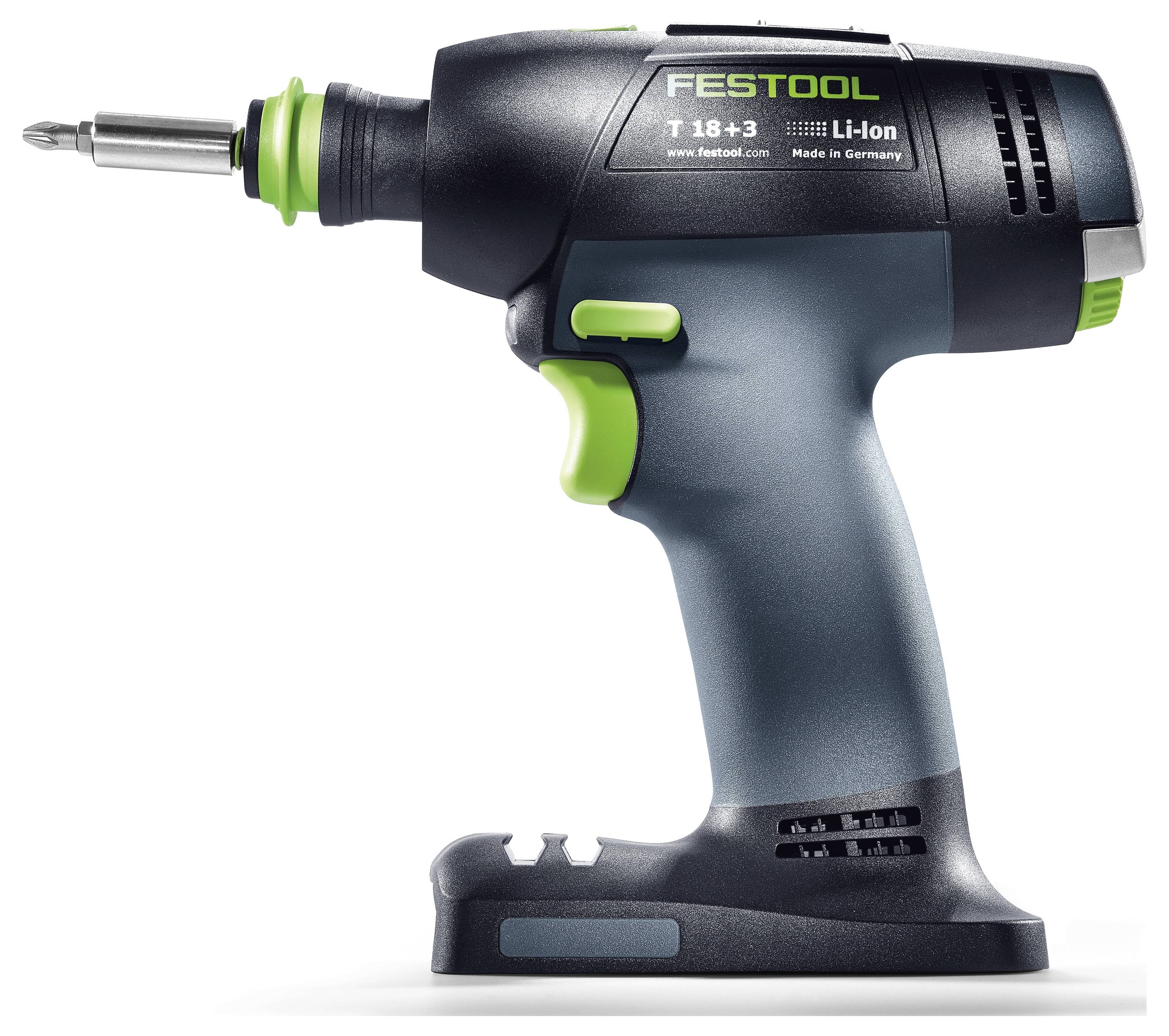 Een accu-schroevendraaier met een zwart en groen ontwerp, gemerkt 'Festool T 18+3 Li-Ion', met een compacte en ergonomische greep.