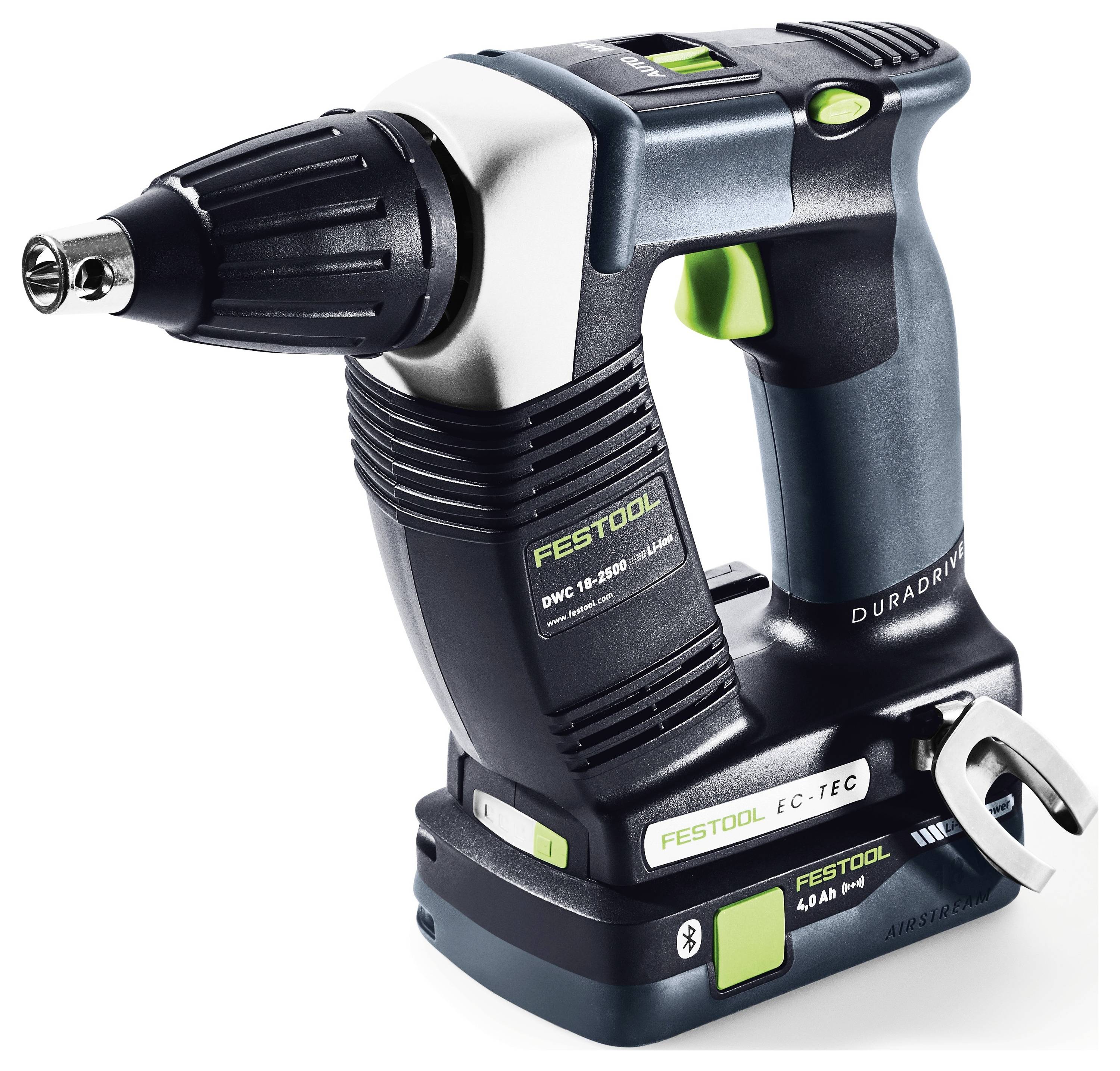 Draadloze schroefmachine met een groen en zwart ontwerp met een duurzame grip, gelabeld 'FESTOOL DWC 18-2500' met een batterijpack eraan bevestigd.