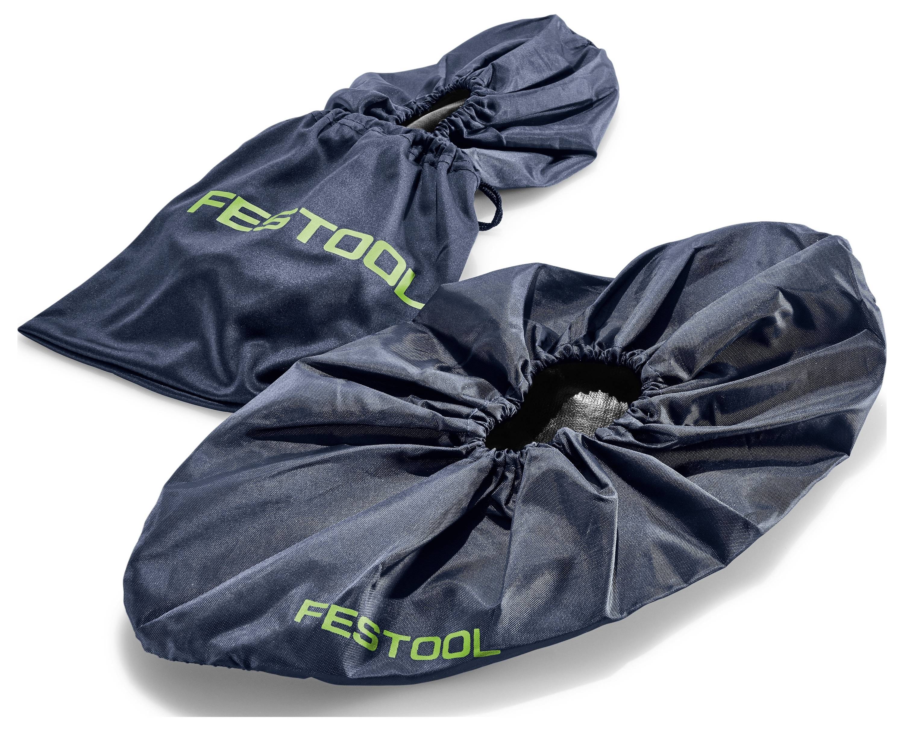 'Festool' gemerkte donkerblauwe gereedschapskappen met elastische randen, ontworpen voor stofextractiesystemen, afgebeeld tegen een witte achtergrond.