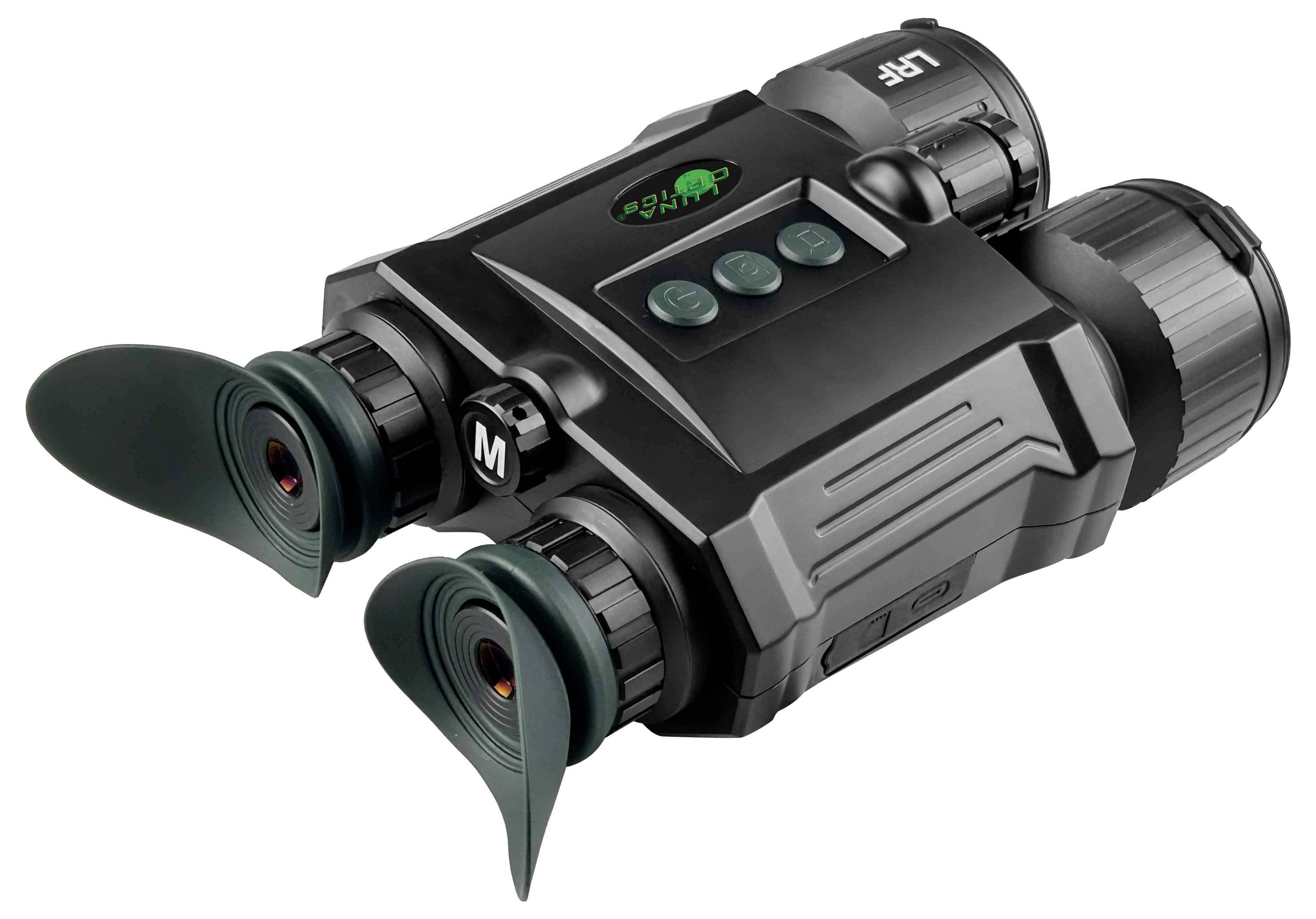 'Nachtzichtverrekijker met rubberen oogschelpen en centrale bedieningsknoppen, ontworpen voor verbeterde zichtbaarheid in weinig licht.'