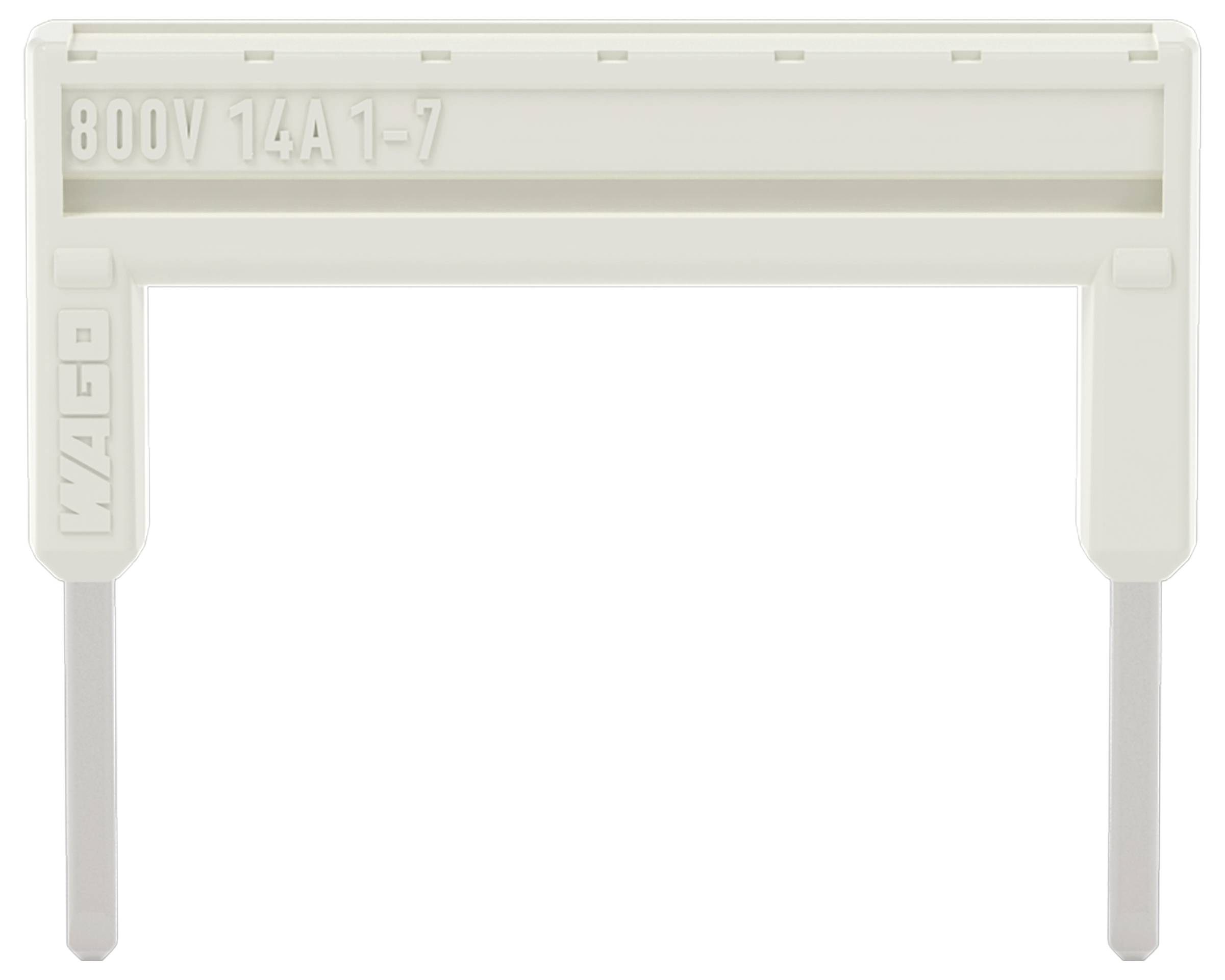 'WAGO 800V 14A 1-7' label op een witte, rechthoekige elektrische component met twee contact pinnen die naar beneden uitsteken.